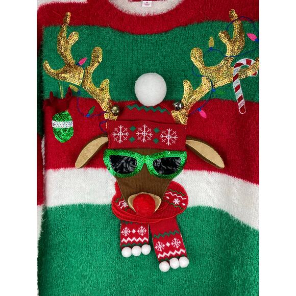33 Degrees Unisex M Fuzzy Striped Rudolph Reindeer Ugly Christmas Sweater - Picture 2 of 8